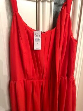 LOFT Bright Red/Orange Pleated V-Neck Dress